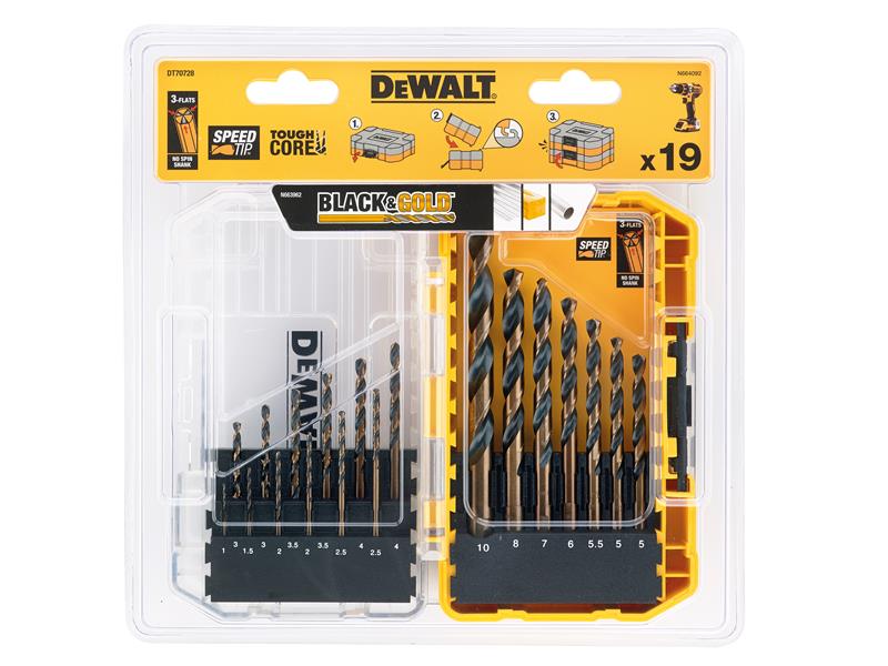 DT70728 BLACK&GOLD HSS Drill Set, 19 Piece                                      