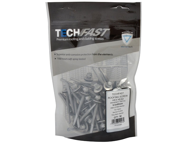 TechFast Hex Head Roofing Screw Self-Drill Heavy Section 5.5 x 60mm Pack 50     