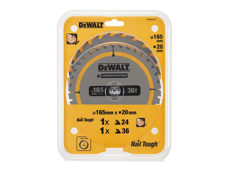 DT90270 Construction Circular Saw Blade 2 Pack 165 x 20mm x 24T/36T             