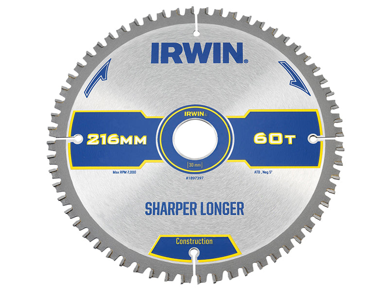 Construction Mitre Circular Saw Blade 216 x 30mm x 60T ATB/Neg                  
