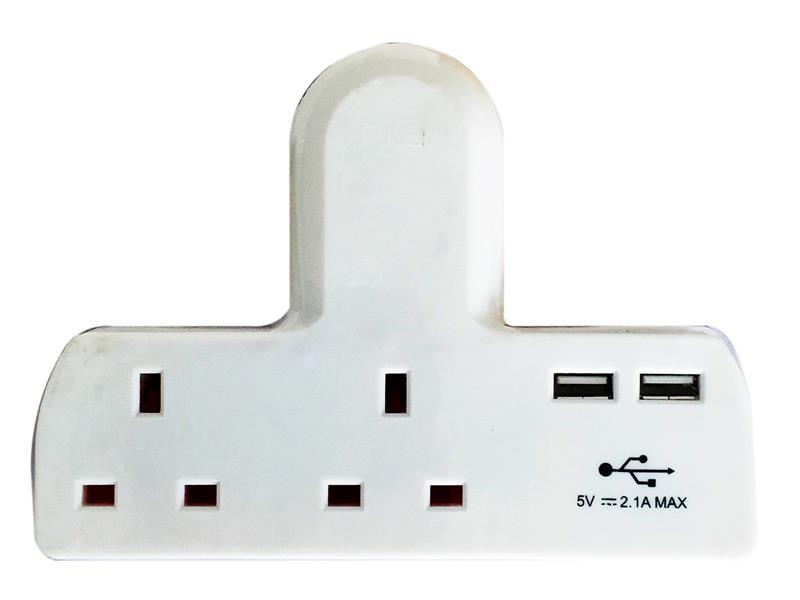 T-shape Socket 2 Way Adaptor 13A Fused with USB                                 