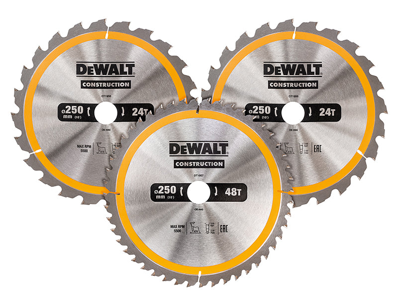 DT1963 Construction Circular Saw Blade 3 Pack 250 x 30mm x 24T/48T              